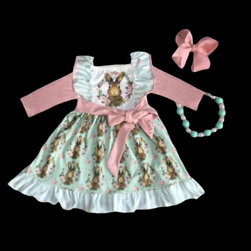 Girls Pink & Mint Bunny Print Casual Dress with Bow